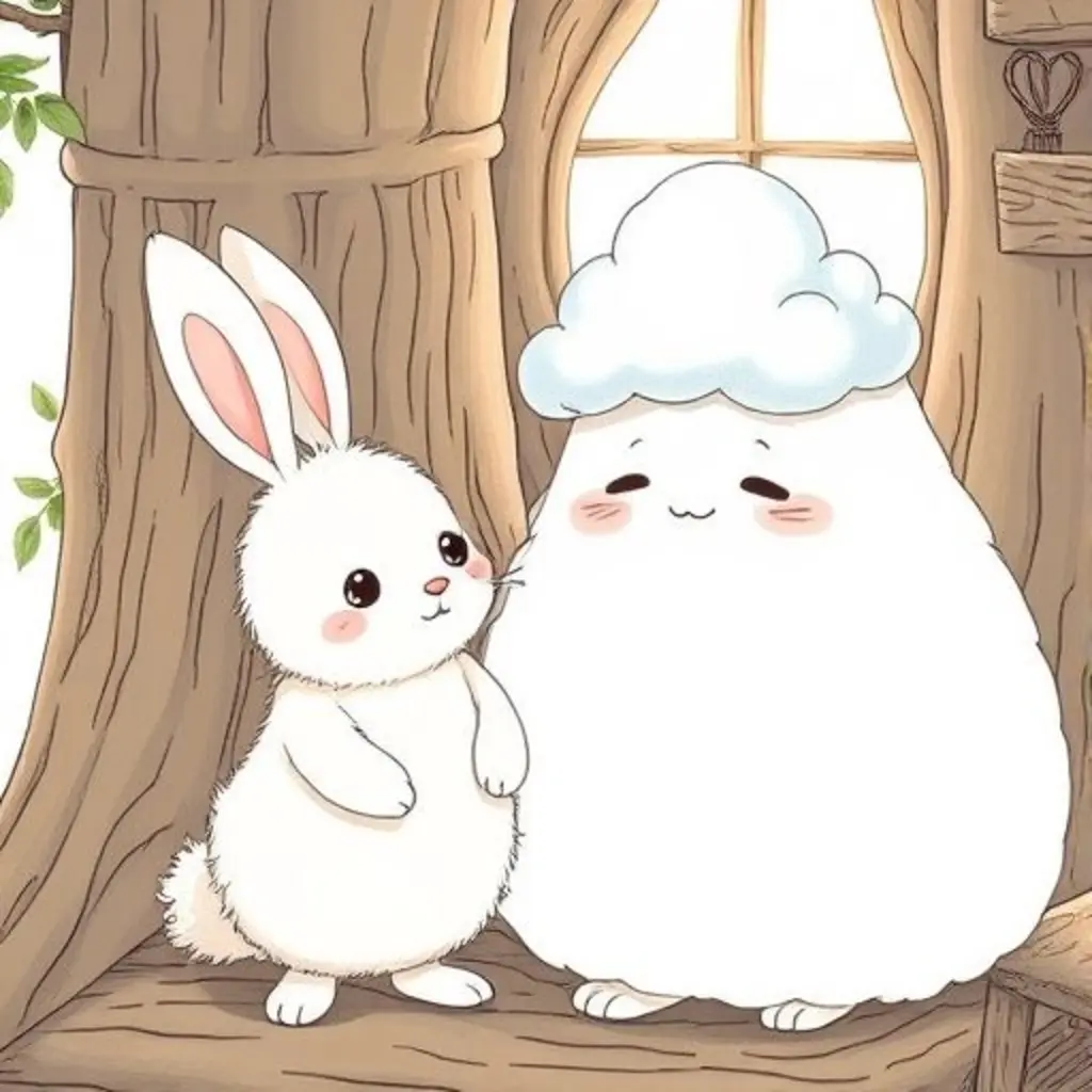 Mamá-Nube señala la cabeza de Tedino, donde está su nubecita abrazable, y él sonríe feliz.