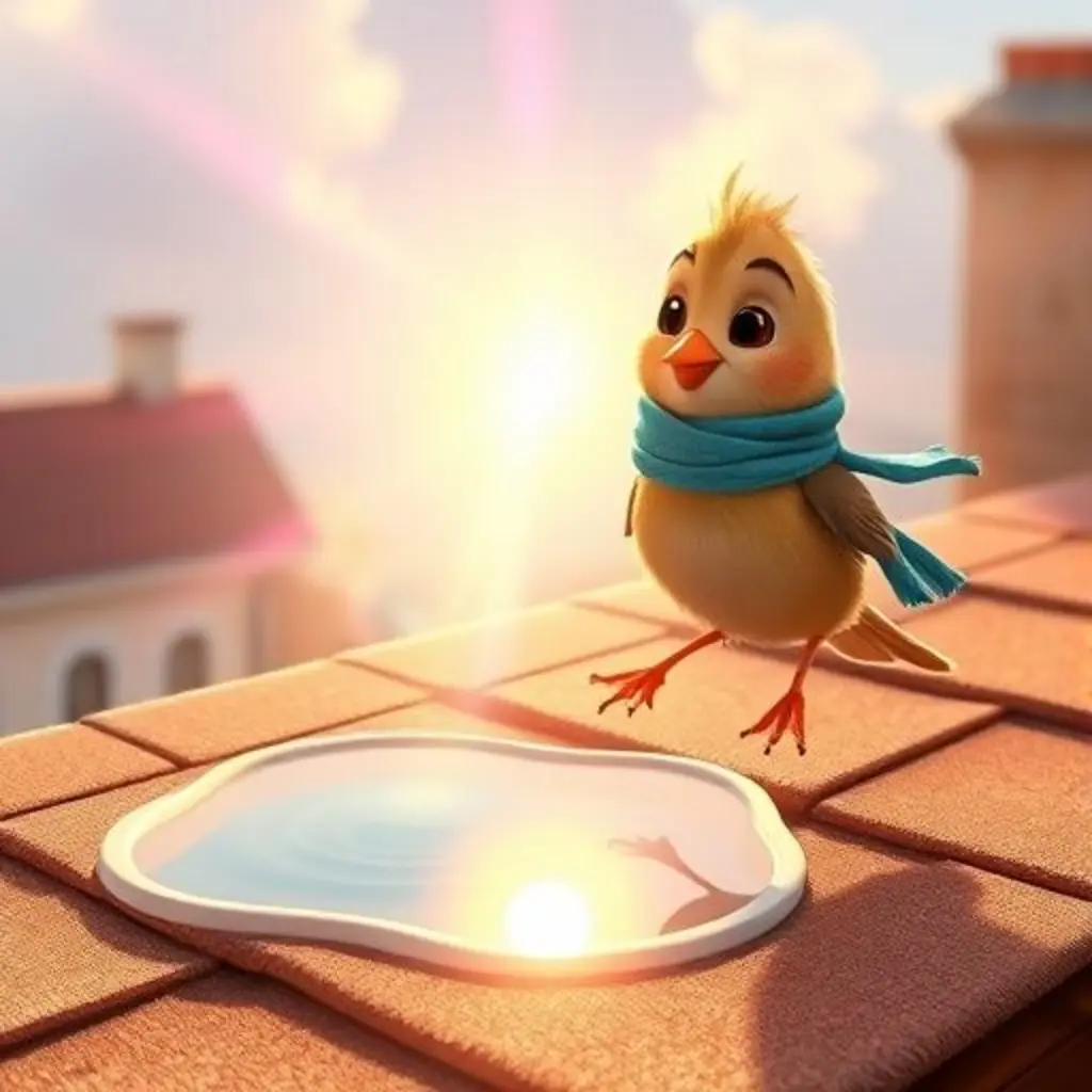 Riqui, el gorrión, vuela emocionado cerca de un charco que refleja un arcoíris en la pared de una casa.