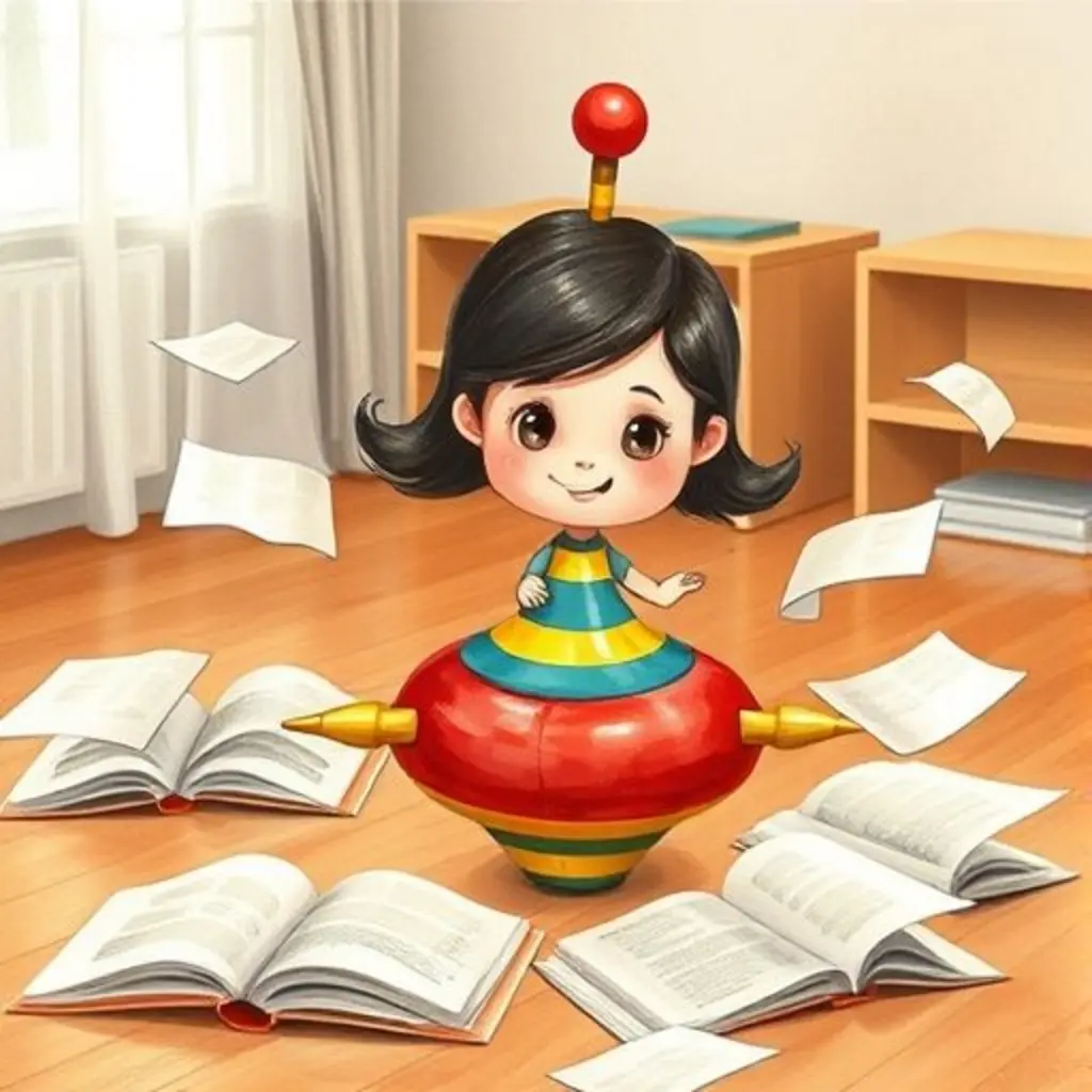 Trompo Rueda hace que las páginas de varios libros bailen alrededor de Lucía.