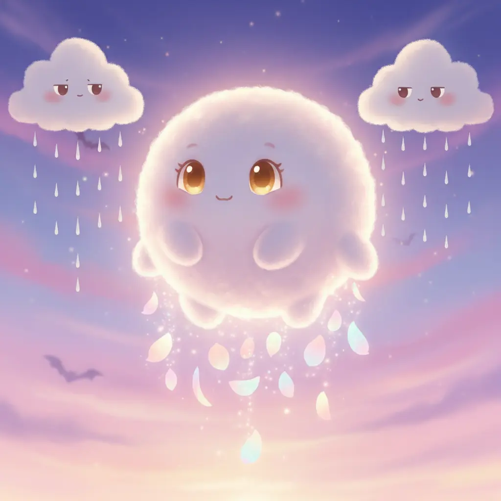 Nubecita Pétalo, una nube pequeña y curiosa, dejando caer pétalos de flores en un cielo de suaves colores al atardecer, mientras otras nubes lanzan gotas de lluvia redondas.