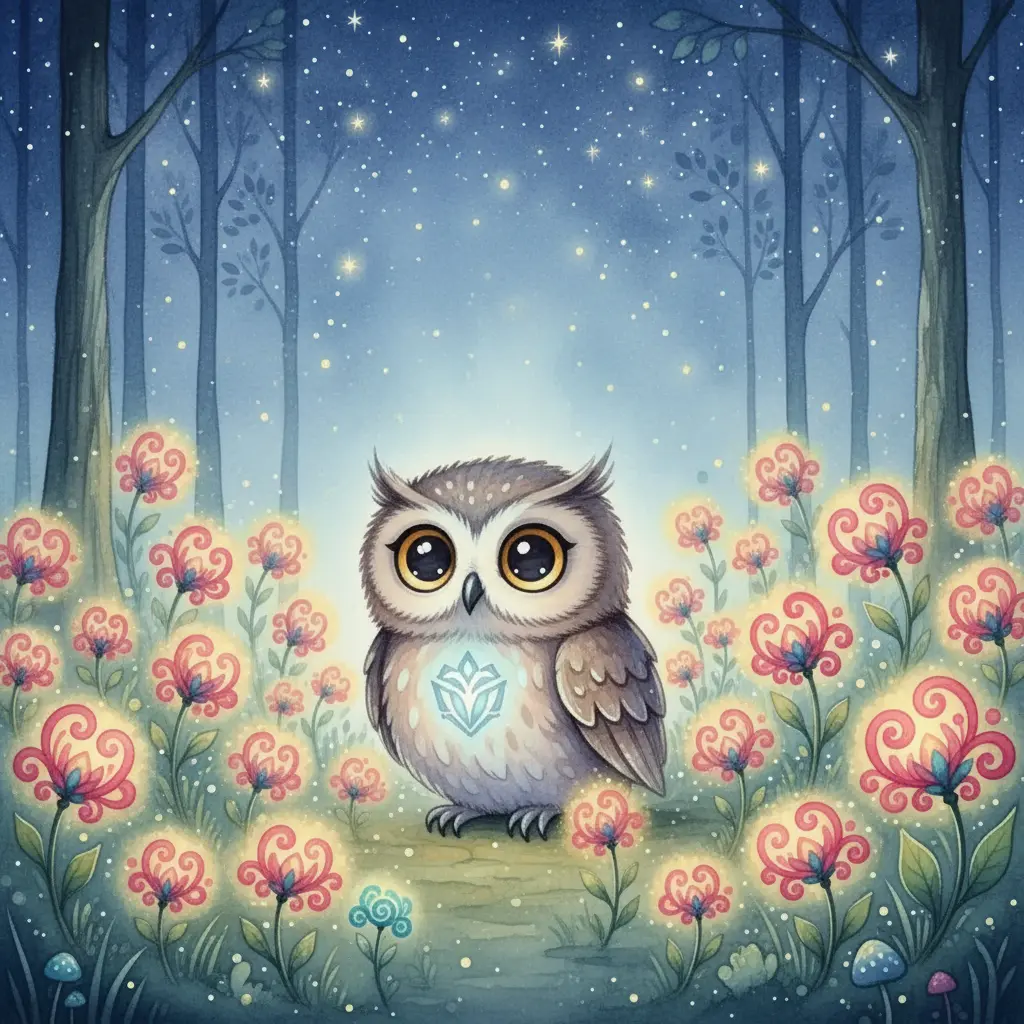 El bosque brilla con flores convertidas en linternas, y Plumerito sonríe, contento con la magia de su voz.