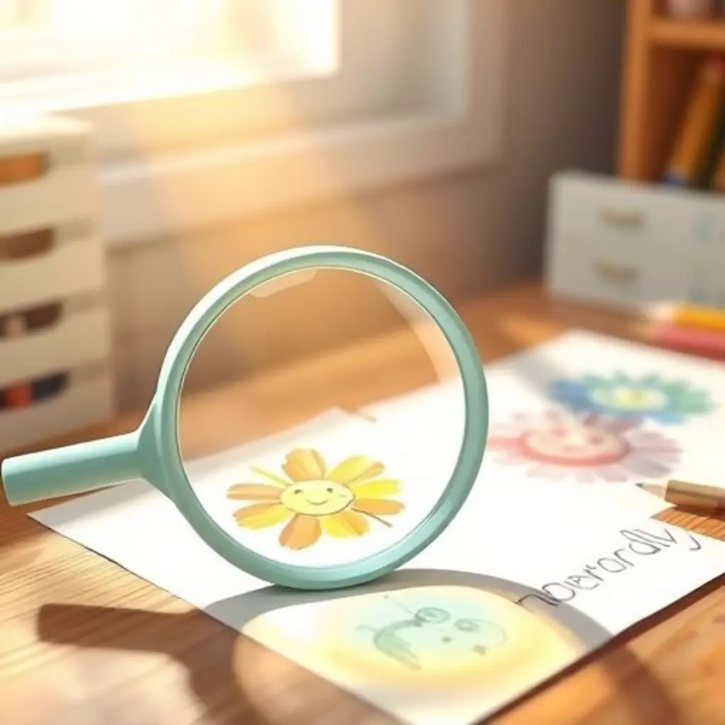 Curiosa, una lupa azul y verde, enfoca el sol en una flor dibujada, haciéndola brillar.