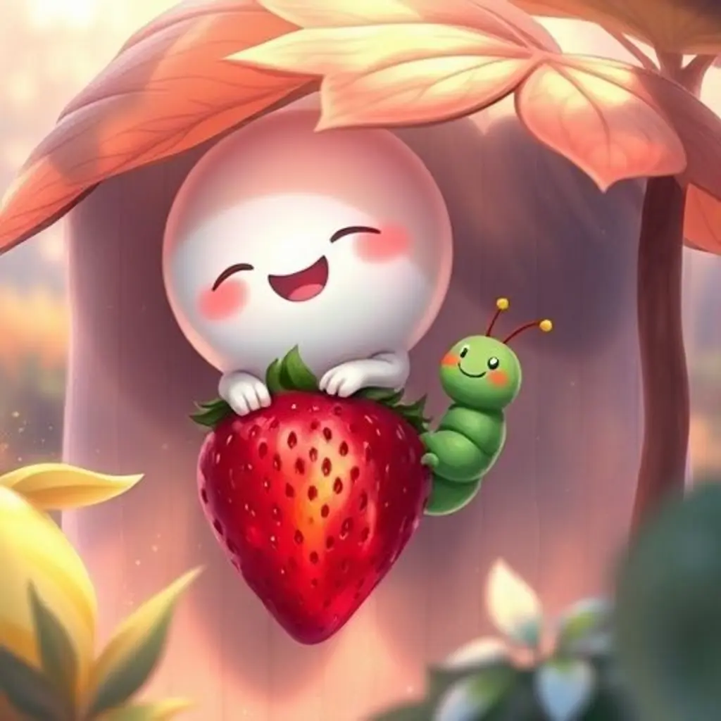 Silu ríe y encuentra una fresa roja y un gusanito amigo bajo una hoja.
