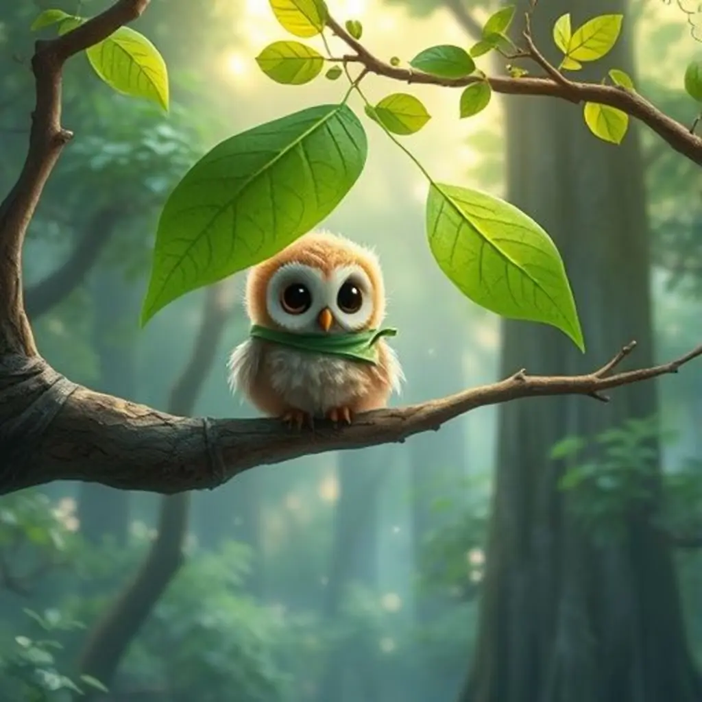 Búhíto, un búho bebé, mira una hoja grande caer desde su rama.