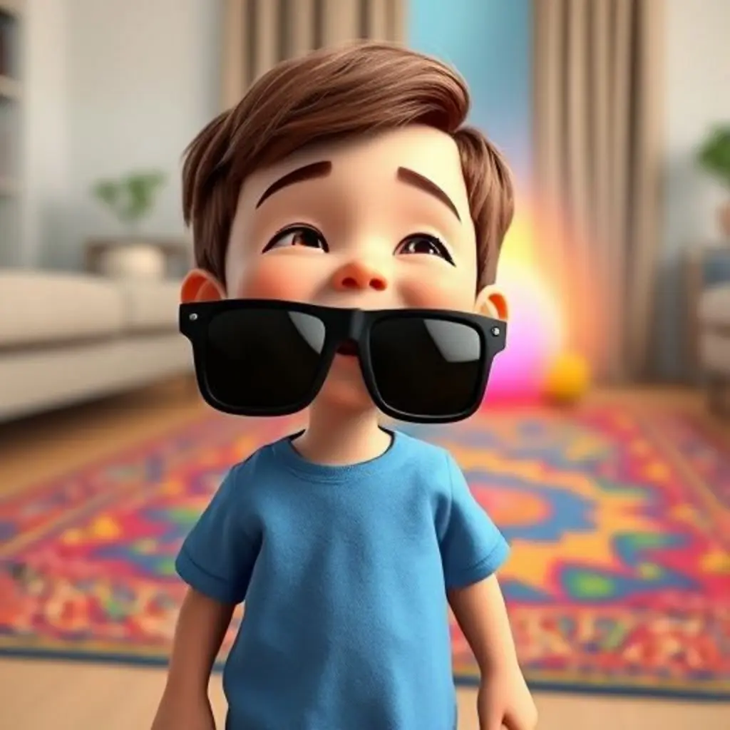 Leo riendo con Reflejo puesto, mientras el tapete se convierte en una alfombra mágica.