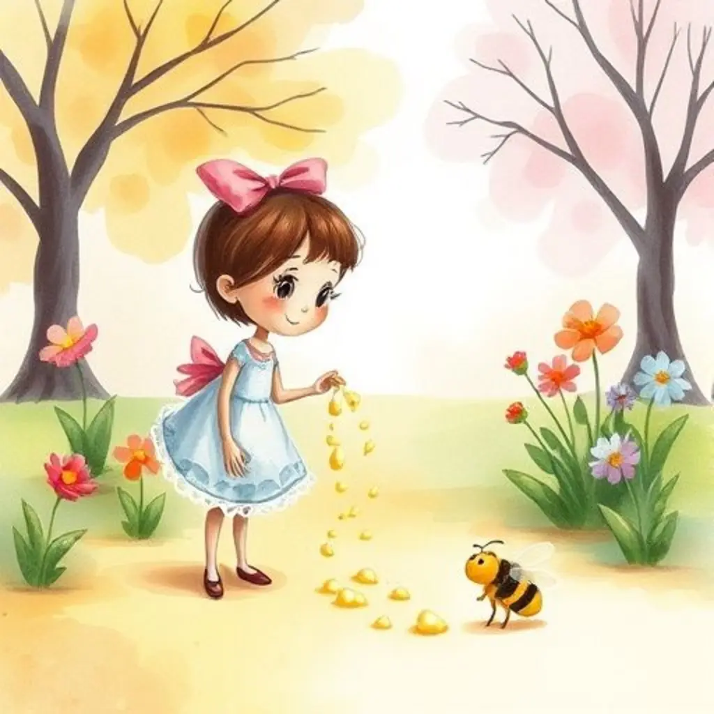 Cucharita Dulce crea un sendero de migas brillantes para una abeja cansada en un parque soleado.