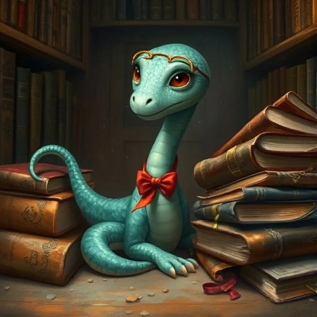 Tasin, la serpiente bibliotecaria, accidentalmente derriba una pila de libros antiguos, que se quejan ruidosamente.