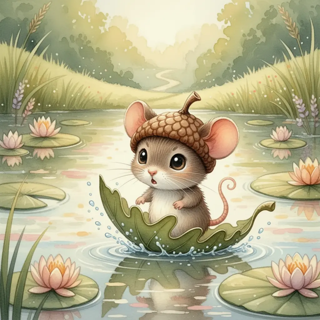 Roco, el ratón, con su gorrito de bellota, casi cayendo de su barquito de hoja en el estanque.