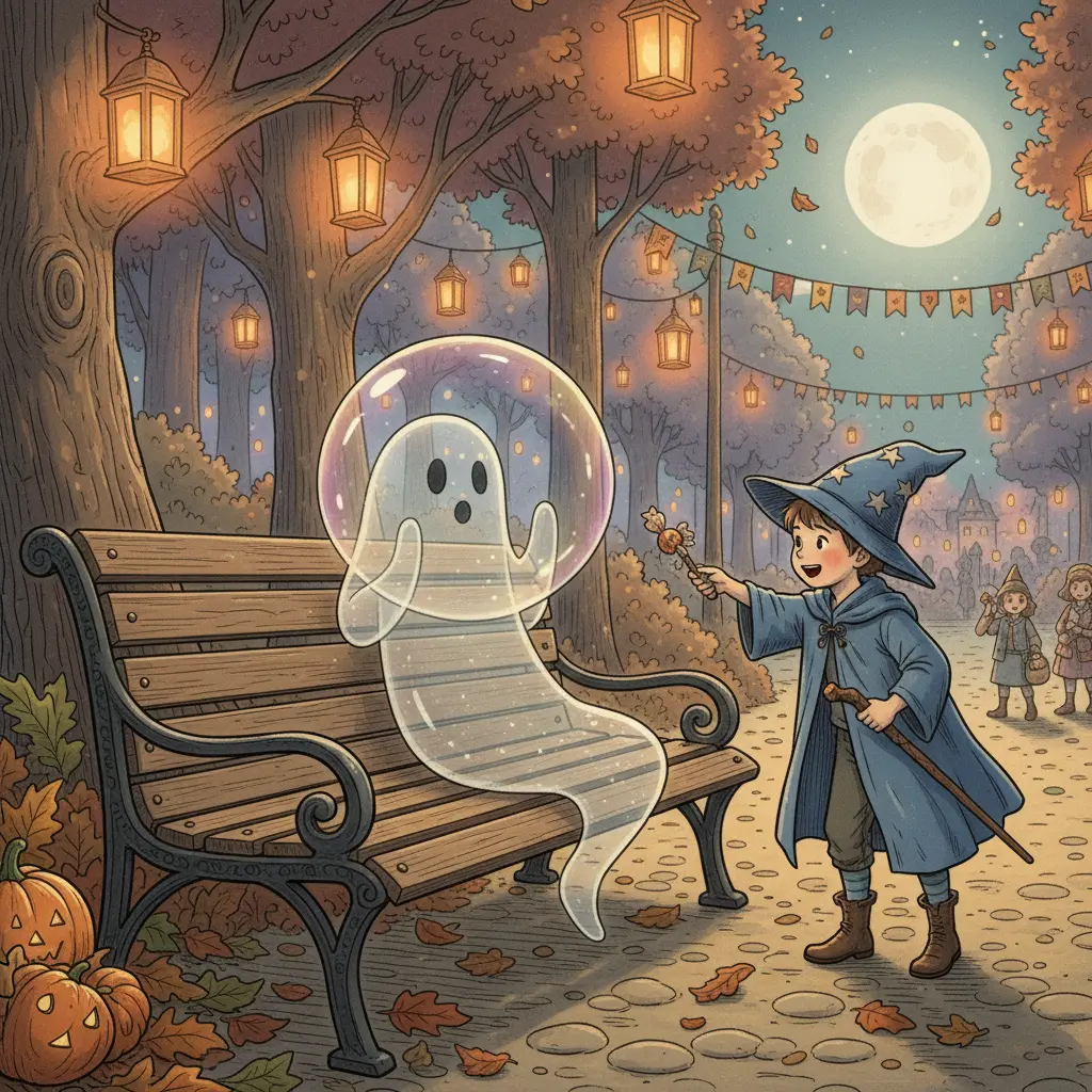 Invisi, el fantasma, se ve reflejado en una pompa de jabón soplada por un niño mago en un parque iluminado.