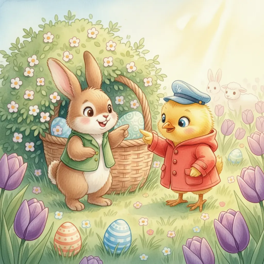 La coneja señala una cesta de mimbre escondida bajo un arbusto de flores.