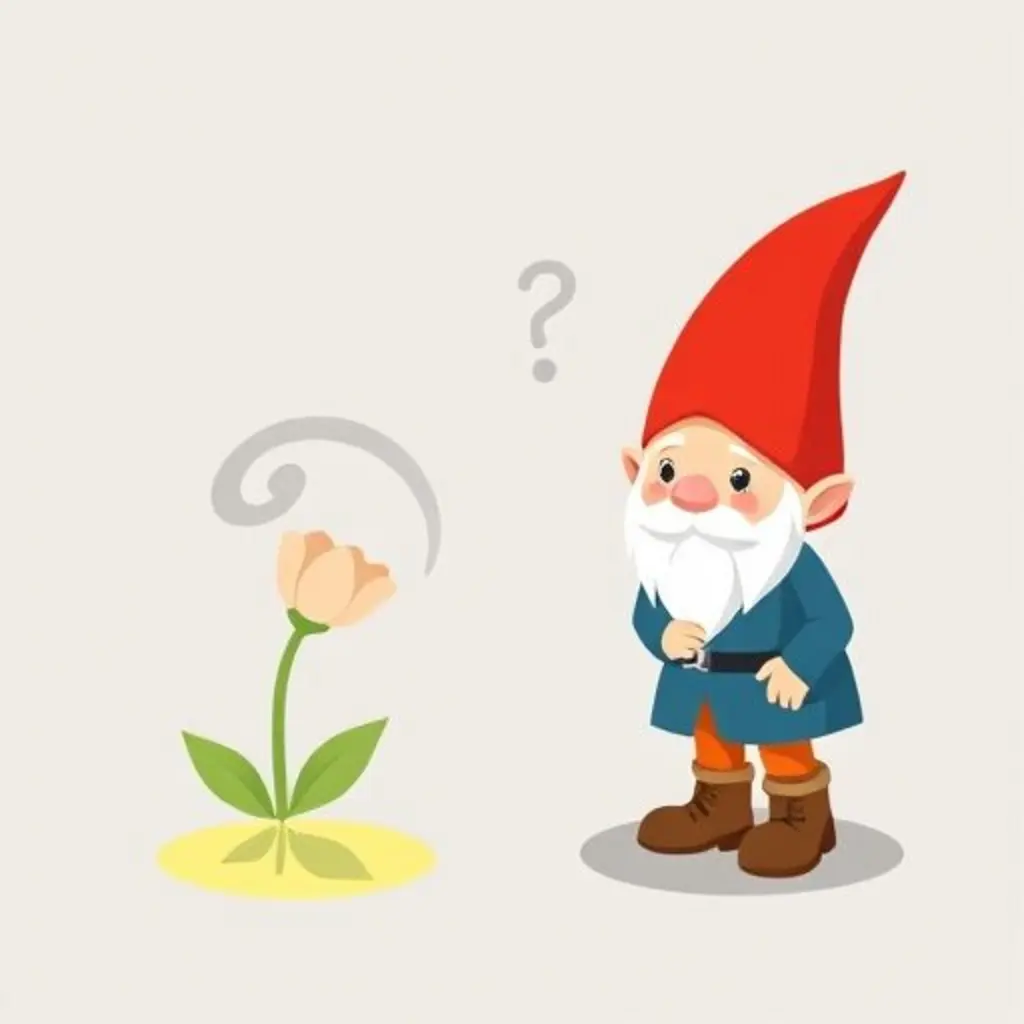 Gnomín mira perplejo una nube de sombra que muestra una flor triste.