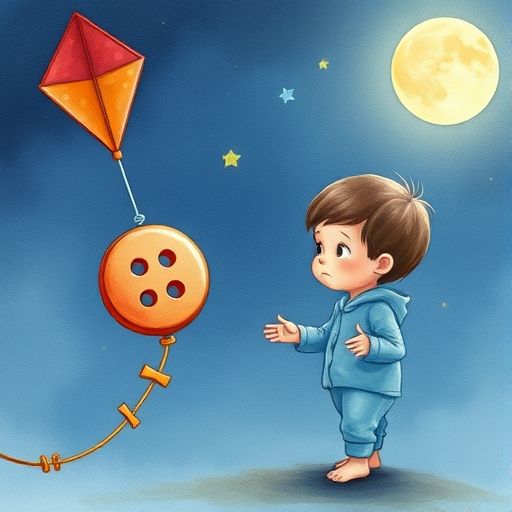 Redondo, el botón, enganchado a la cuerda de una cometa mientras un niño triste lo mira.