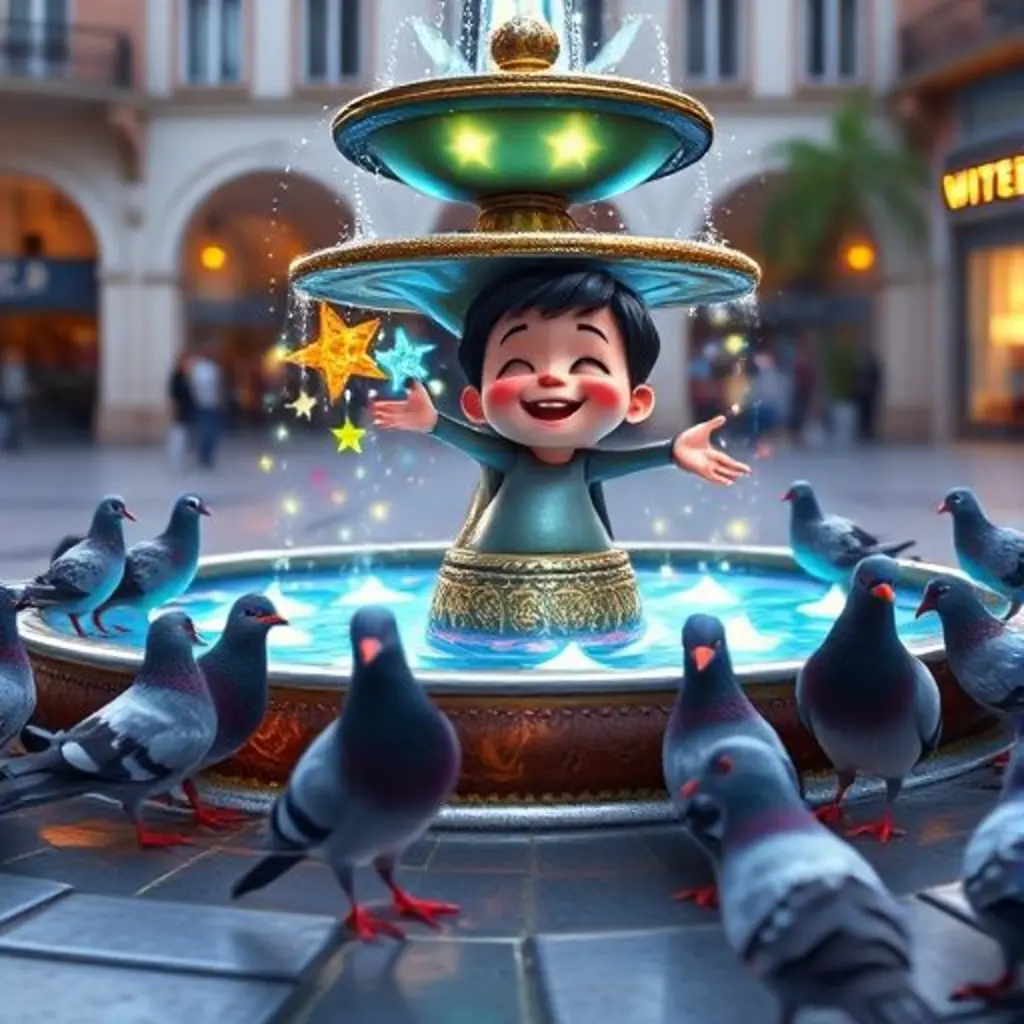 La fuente brilla con estrellas de agua. Copilín sonríe y las palomas gorjean de alegría.