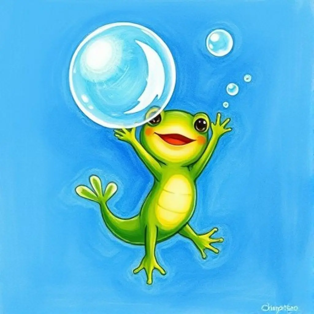 Chapoteo flota felizmente hacia arriba, agarrado a una burbuja grande.