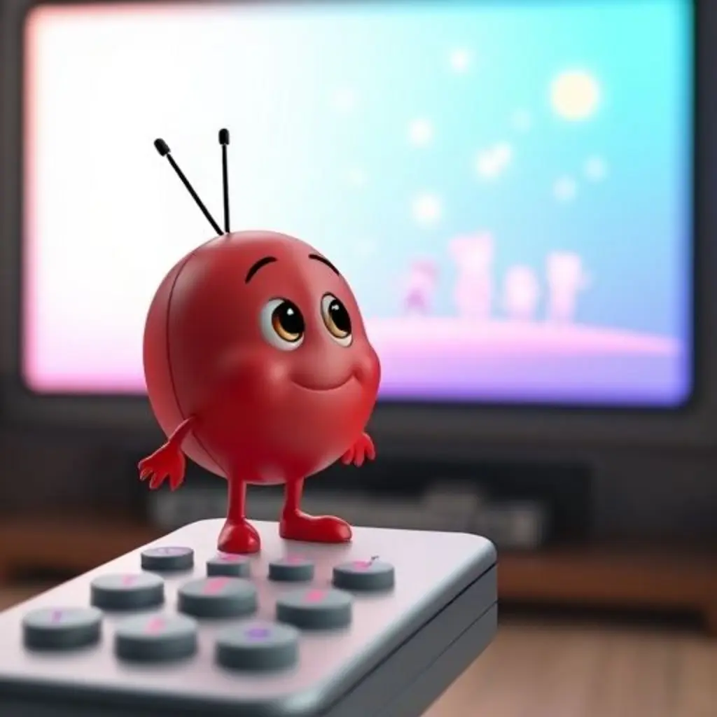 Canal, un botón rojo en un control remoto, mira asombrado cómo la pantalla de la TV se llena de colores y figuras flotantes.