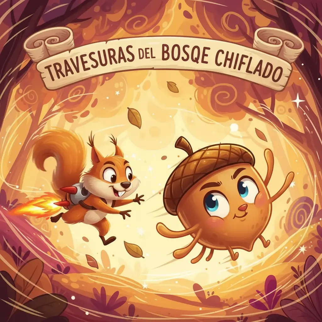 La bellota Rodadora Veloz persigue a Nuez Hiperactiva, que salta entre las ramas de los árboles.