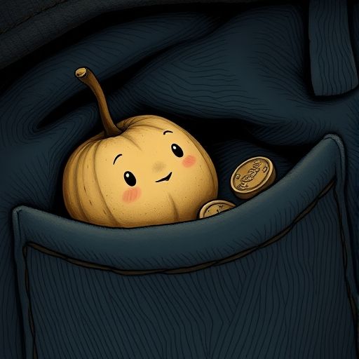 Pepita, una semilla de manzana, descansa en un bolsillo oscuro junto a unas monedas.