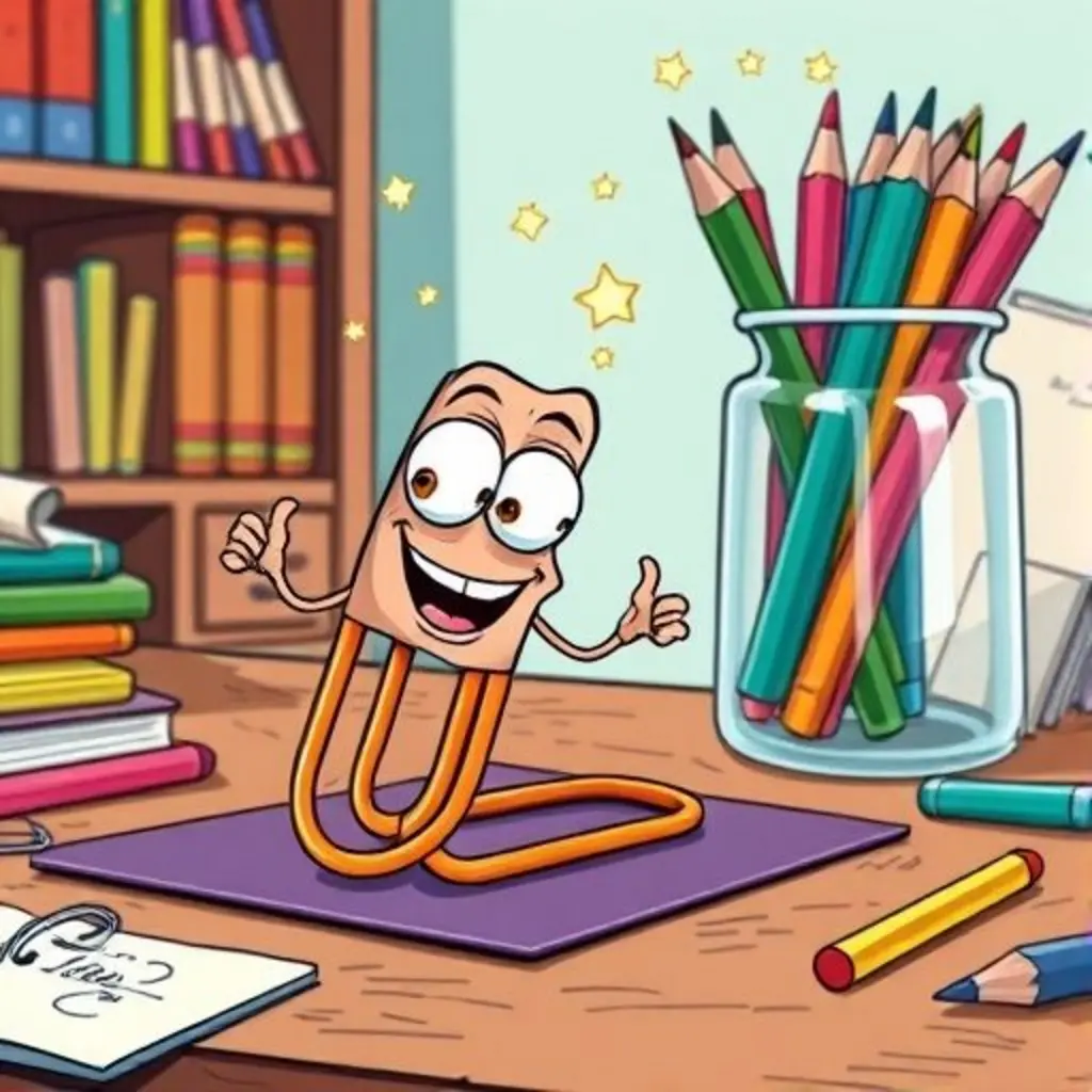 Curva, un clip de papel de colores, recogiendo ideas olvidadas de una mesa.