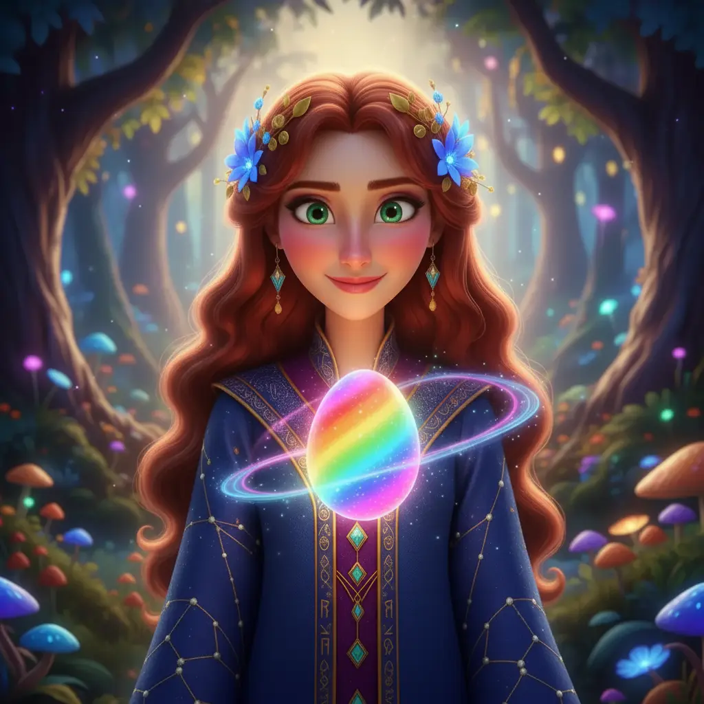 Una hechicera sonriente en un claro mágico, mirando un huevo que brilla con todos los colores.