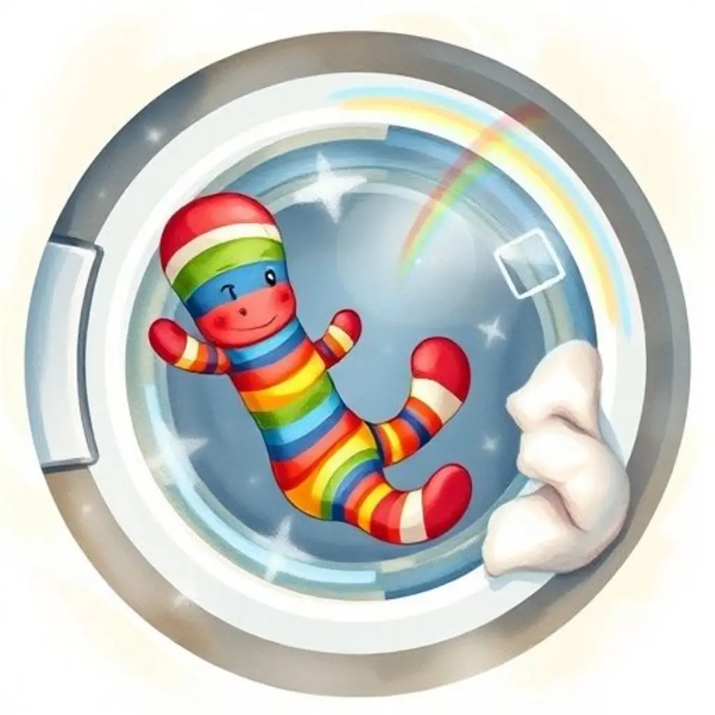 Rayas Locas girando rápido en la lavadora, creando pequeños arcoíris que sorprenden a otras prendas.