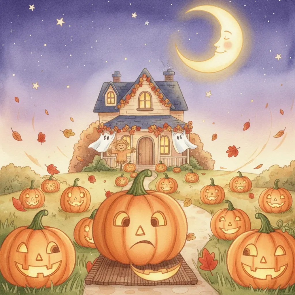 Pipo, una calabaza redonda, en la entrada de una casa decorada para Halloween, con su sonrisa caída en el felpudo al atardecer.