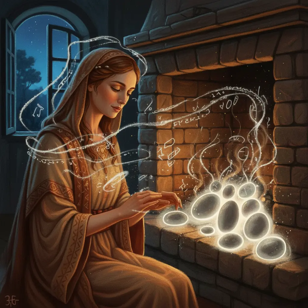 Hestia escucha las melodías y los susurros de historias tiernas que emanan de las gemas.