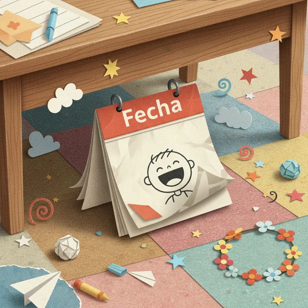 Fecha, una hoja de calendario, bajo el escritorio, empezando a doblarse.