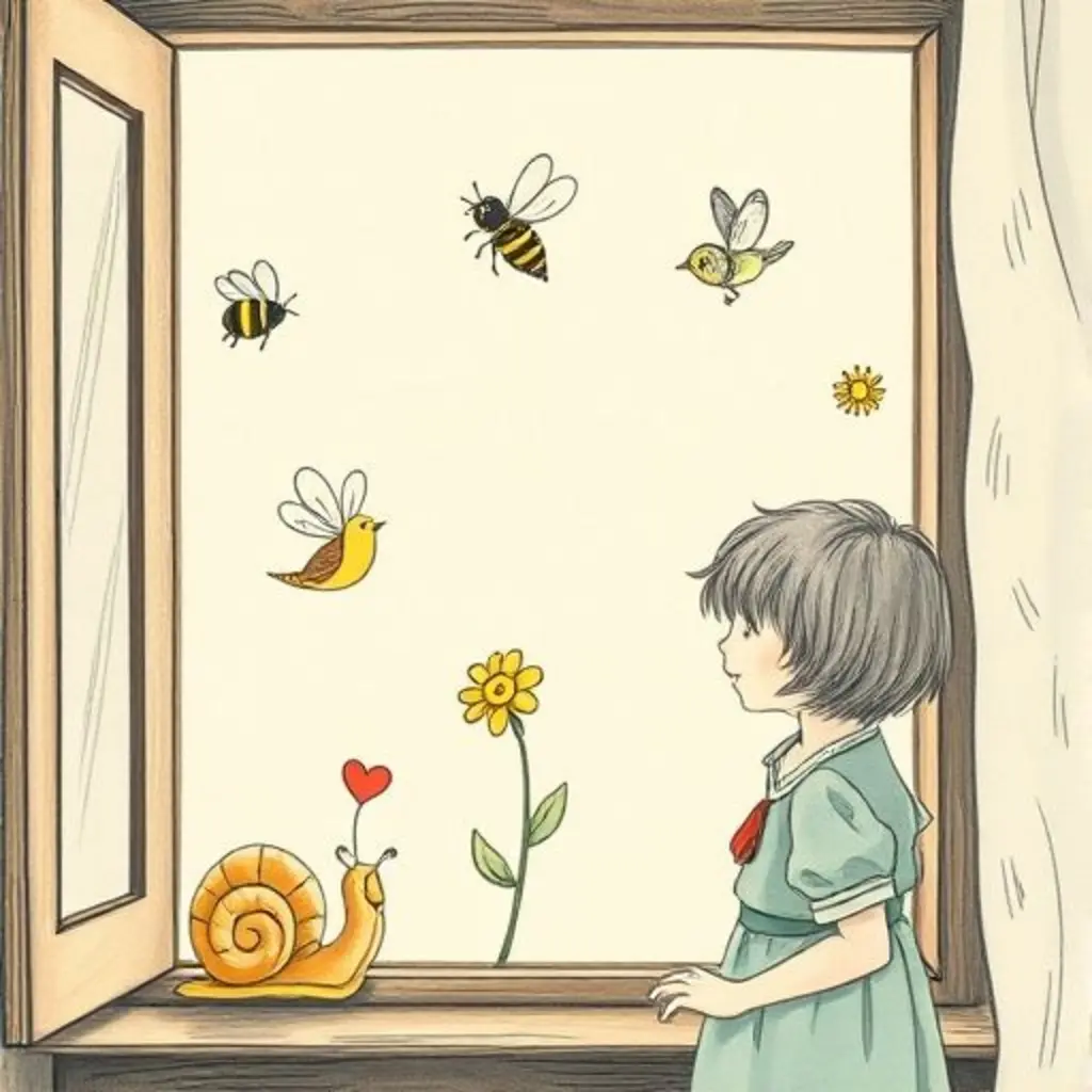 La ventana llena de dibujos alegres que se desvanecen, y Rayo Soñador orgulloso.