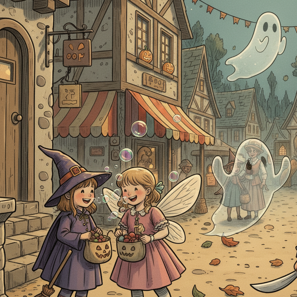 Invisi y el niño mago juegan felices con burbujas y caramelos en un parque de Halloween lleno de luces.