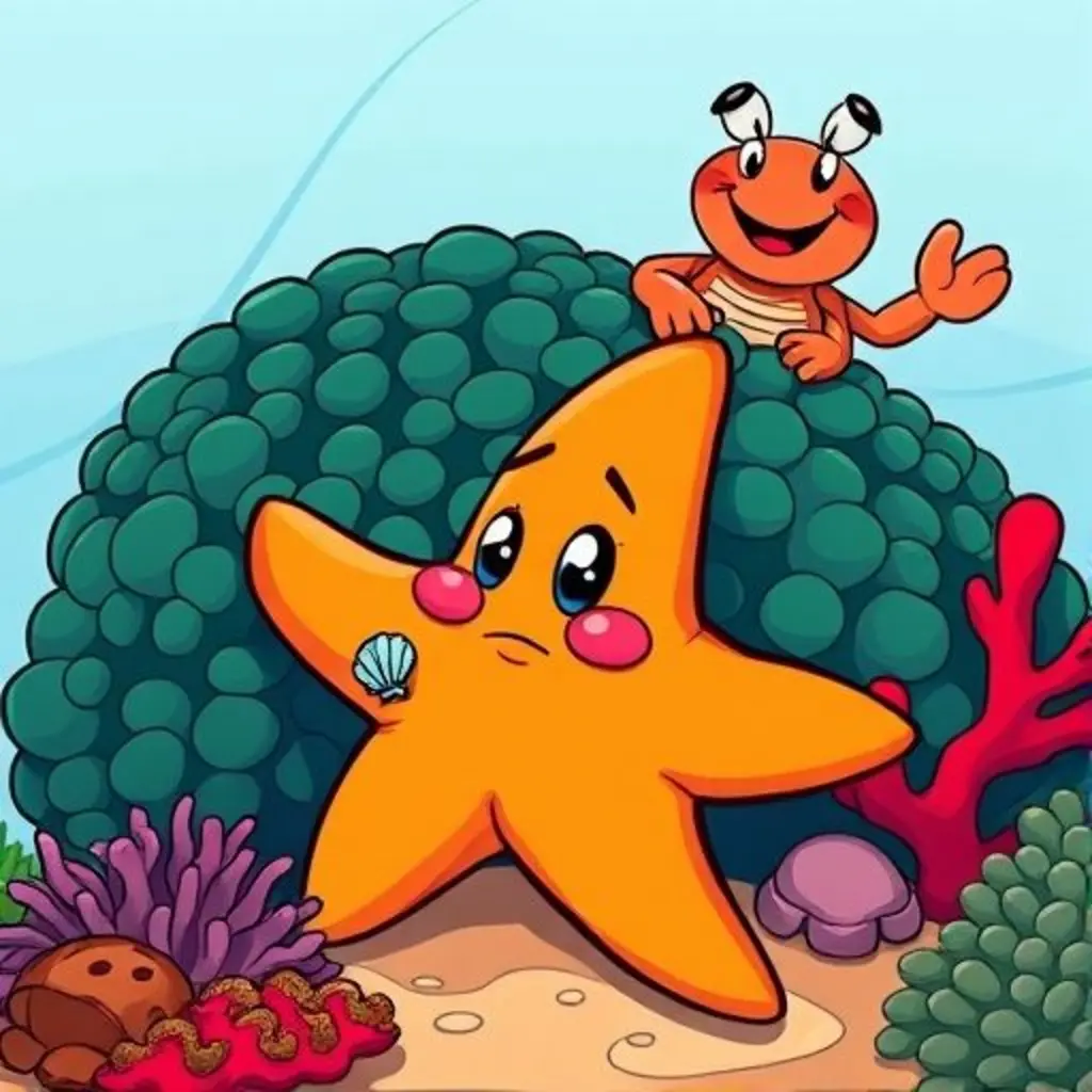 Cortita, una estrella de mar naranja con un brazo más corto, mira pensativa un parche de algas mientras un cangrejo y una anémona bailan.