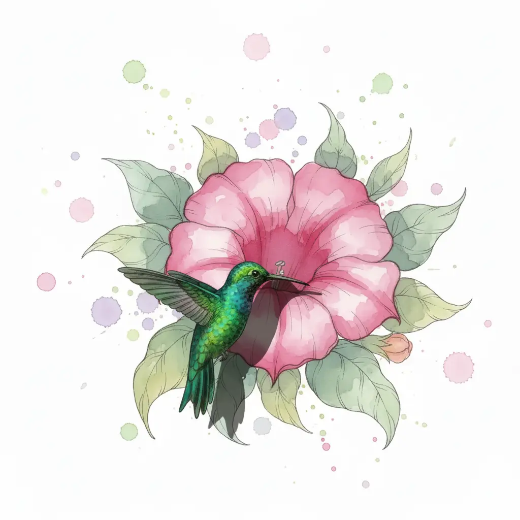 Se revela la cabeza y la espalda de color verde brillante del colibrí junto a la flor.