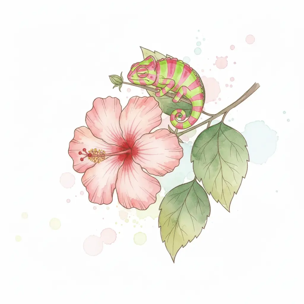 El camaleón completo se muestra en la rama, con su piel de color rosa brillante igual que la flor.