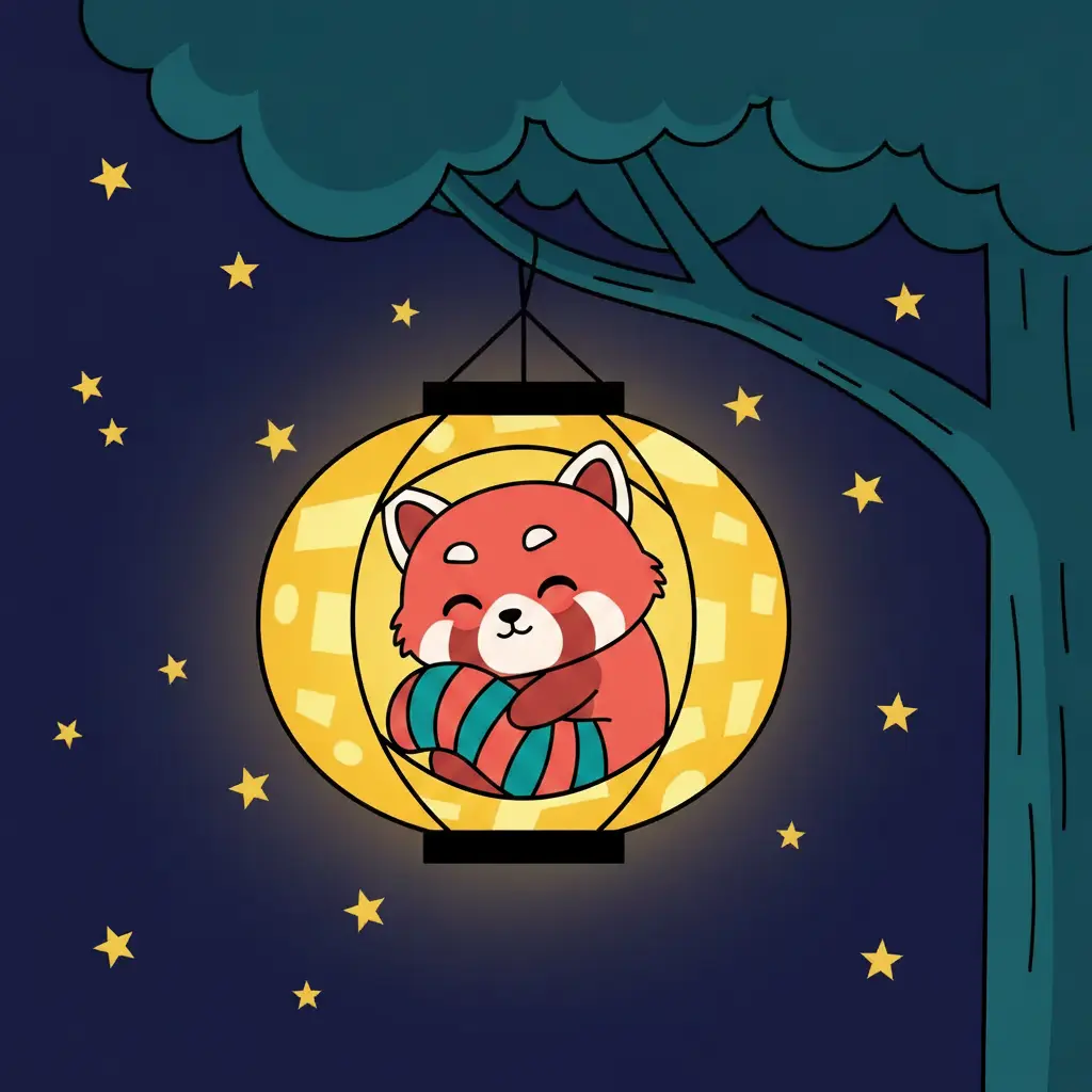 Rumi está acurrucado y cómodo dentro del farol, rodeado de una luz amarilla y suave.