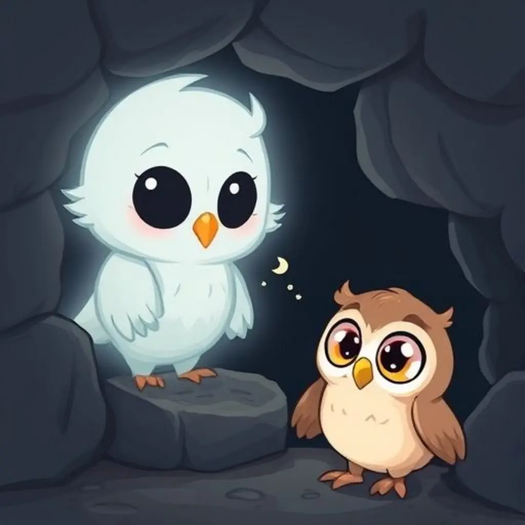 Don Grito susurra desde la cueva, y Pío, el búho bebé, escucha confundido pero curioso.