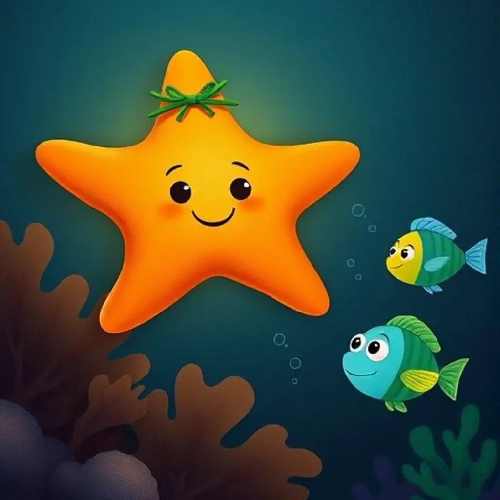 Estrellita Marina brilla suavemente en la oscuridad, vista por dos pececitos curiosos.