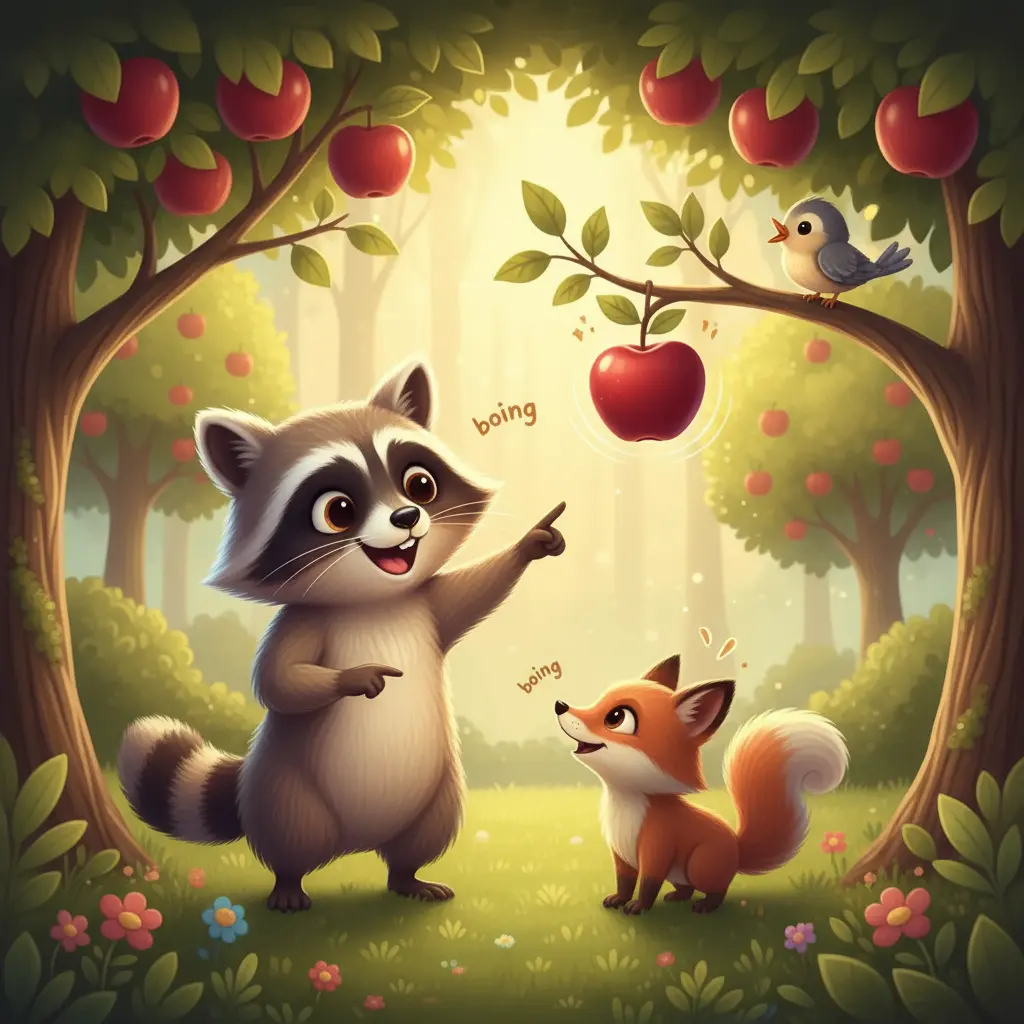 Mapache Olvidadizo señala un manzano donde una manzana roja rebota suavemente con magia.