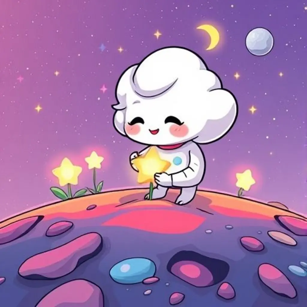 Nebulosa felizmente planta una semilla de estrella en un planeta lejano, creando flores luminosas.