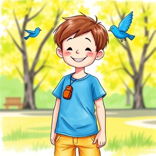 Leo sopla su silbato Pio, y un pajarito azul vuela hacia él.