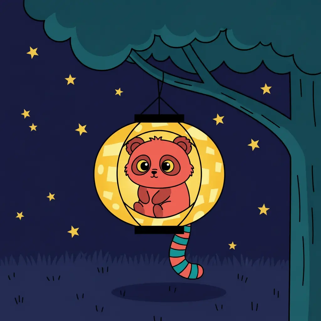 El gran farol amarillo flota suavemente sobre el suelo del bosque oscuro bajo las estrellas.