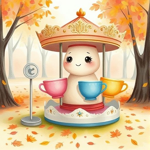 Un carrusel de tazas de té llamado Tazas Giratorias, con expresión soñadora y un poco triste, en un parque con hojas secas.
