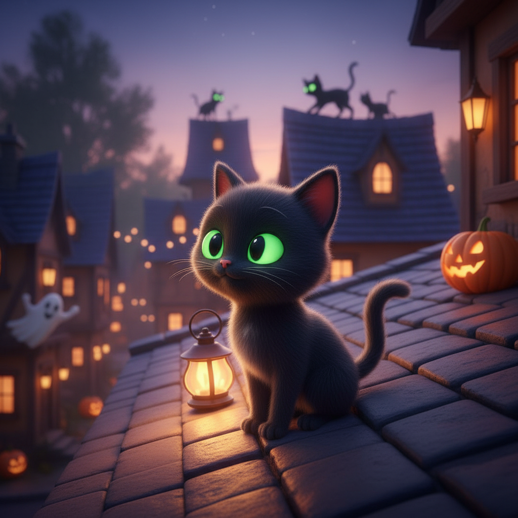 Carboncito, un gatito negro de ojos verdes, sentado en un tejado, mirando la noche oscura de Halloween con decoraciones naranjas y negras, mientras otros gatos cazan sombras.
