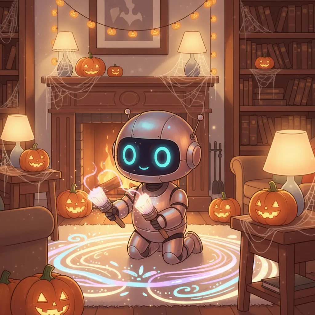 Aspirín, con sus cepillos de colores, dibuja patrones brillantes en el suelo, usando el polvo como pintura.