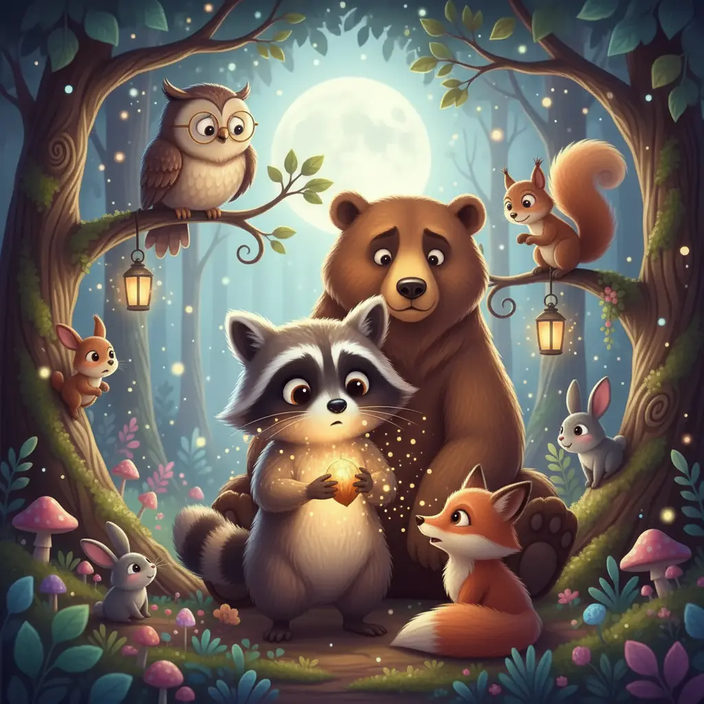 En el festival nocturno, Mapache Olvidadizo cuenta una historia a los animales bajo la luz de la luna y las luciérnagas.