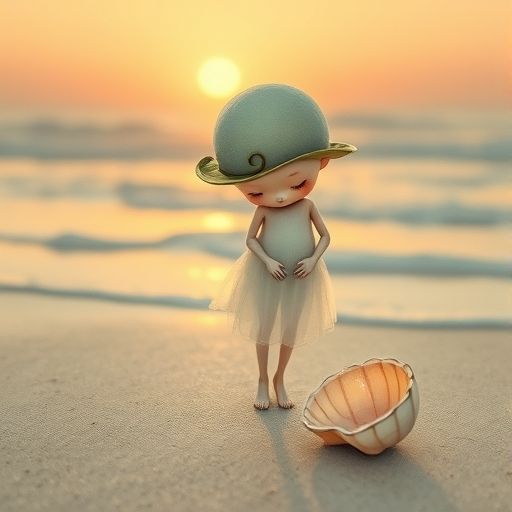 Mumo, un susurro brillante, recogiendo una chispa de una concha en la playa al atardecer.