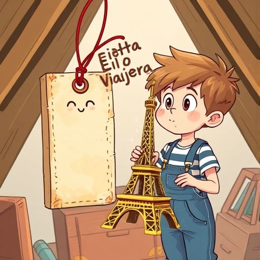 Leo y la etiqueta miran asombrados una Torre Eiffel dorada y brillante flotando en el aire.