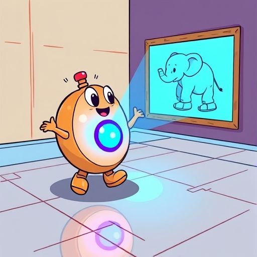 Botoncito Narrador proyectando un elefante patinando en una pared.