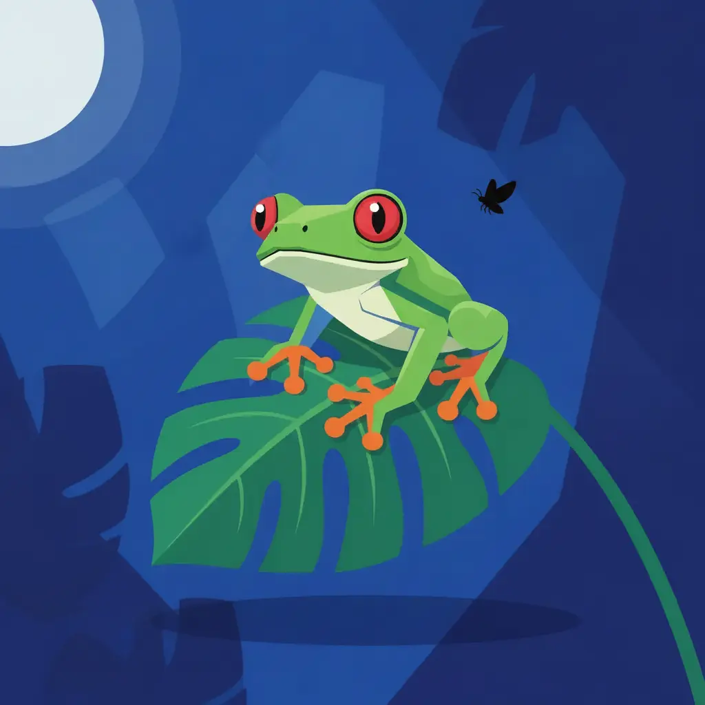 La rana agachada en una rama, preparándose para saltar hacia una polilla.