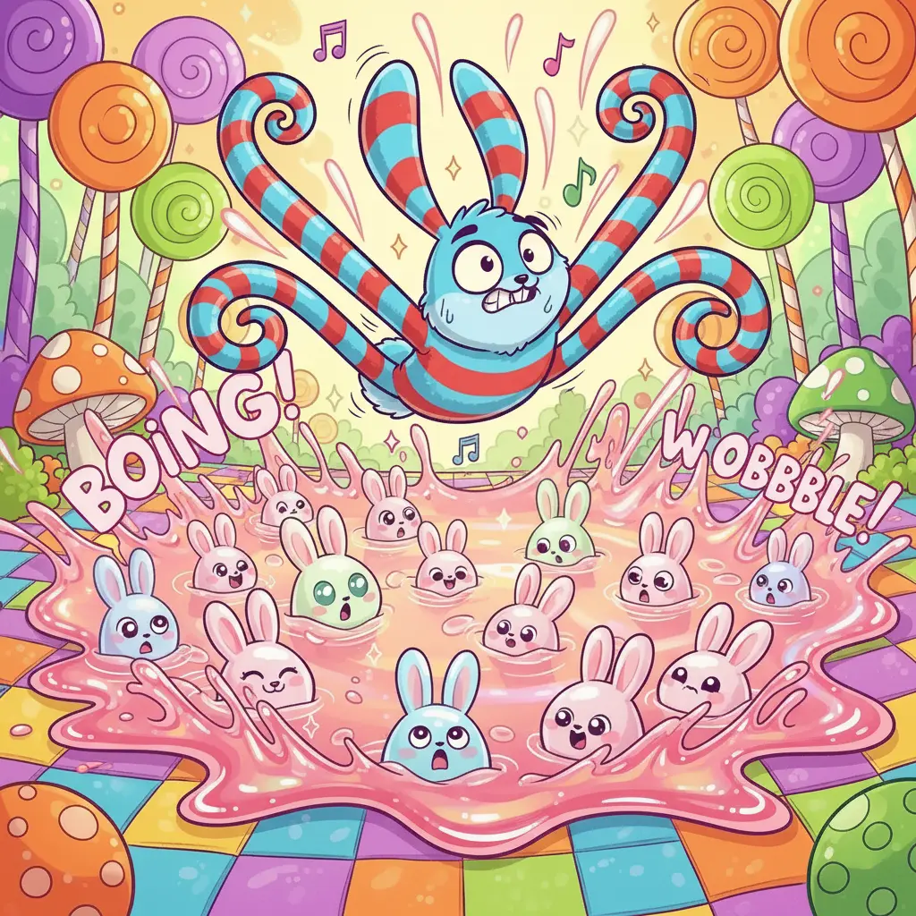 El Conejo Saltimbanqui aterriza en un charco de gelatina que crece.