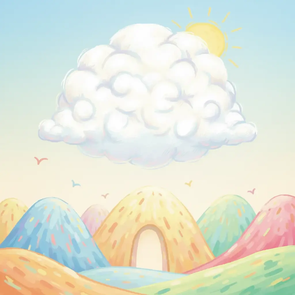 Una nube suave y redonda se acerca curiosa a una montaña colorida con una entrada secreta.