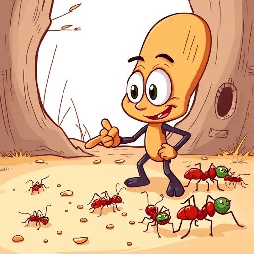 Palito guía a las hormigas hacia las migas dispersas por el viento.